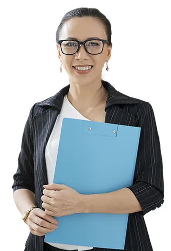 A woman in a striped blazer and white shirt stands confidently holding a blue folder